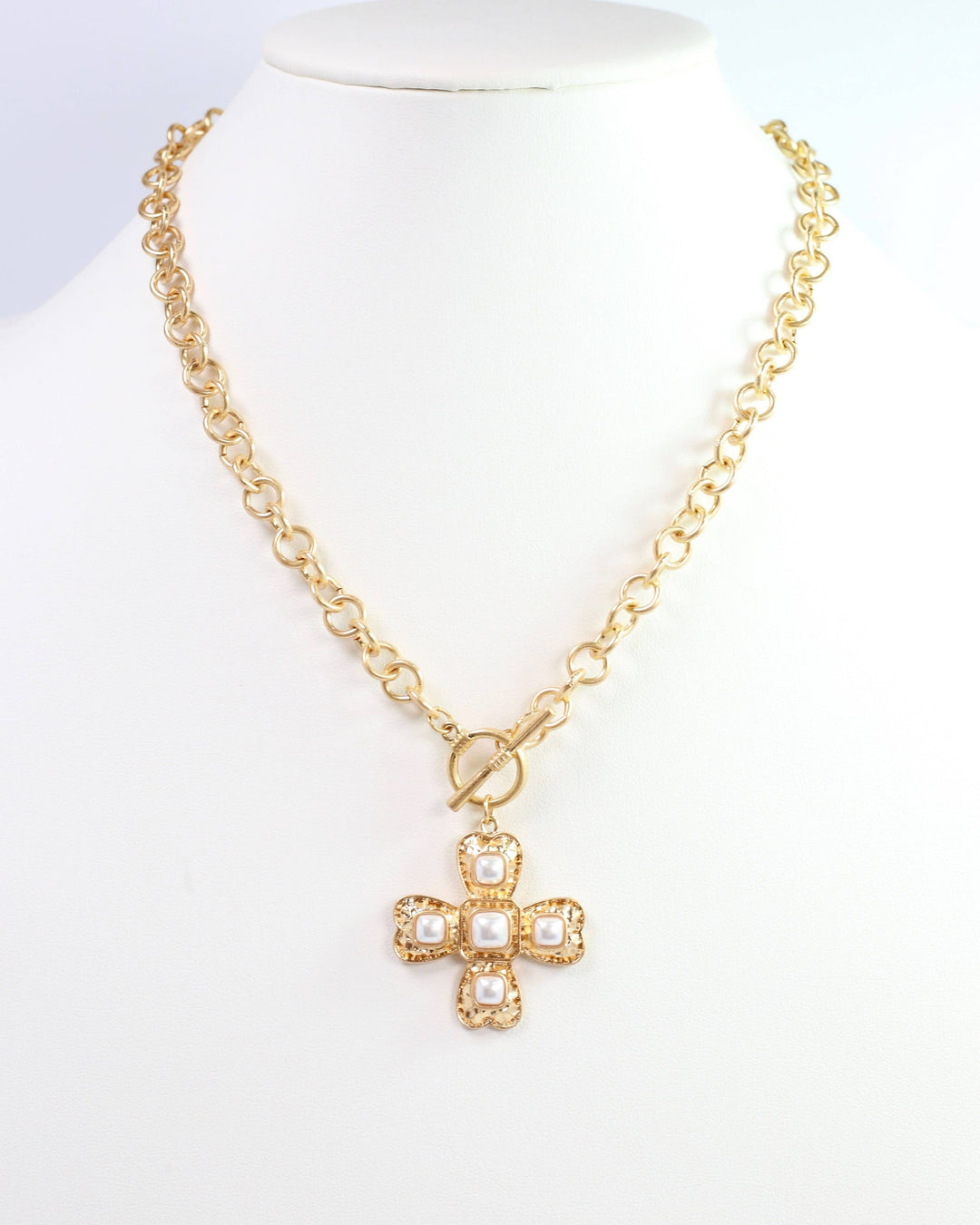 Palazzo Pearl and Gold Cross Necklace Worn Gold