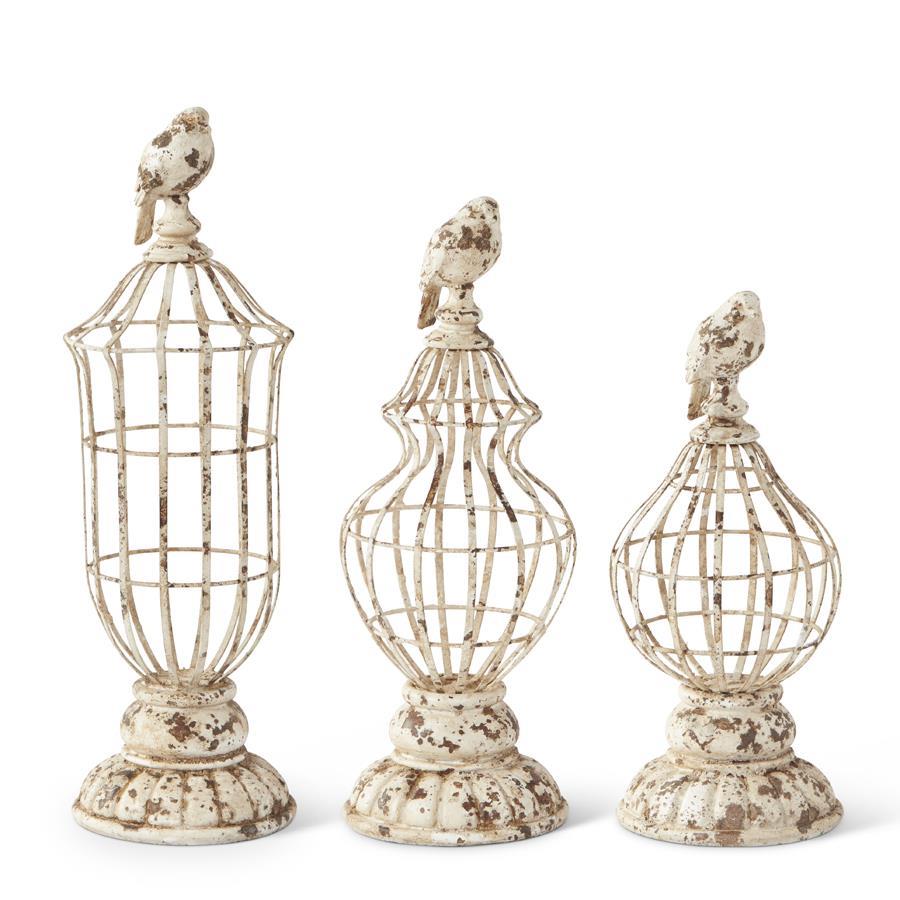Whitewashed Metal Cage Bird Top Finial