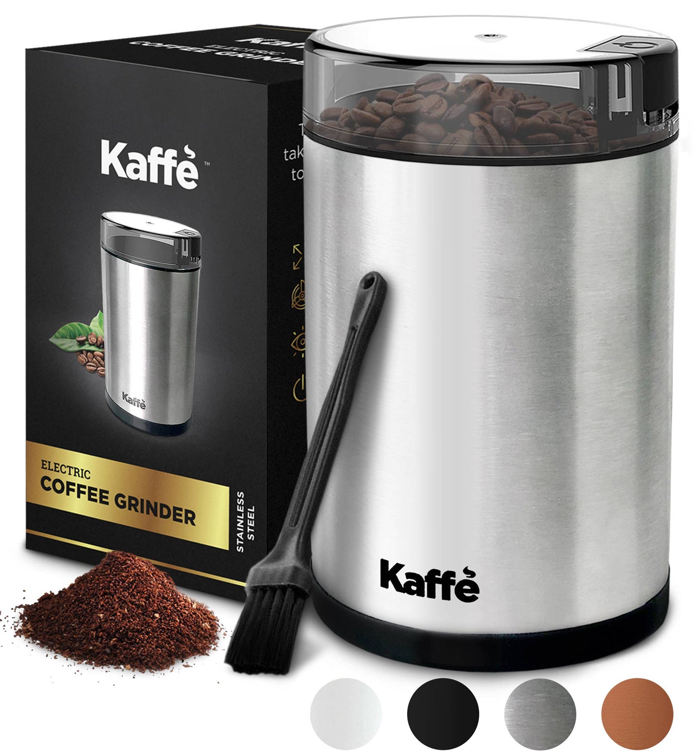Kaffe Electric Coffee Grinder w/ Cleaning Brush - 3oz Stainless Steel