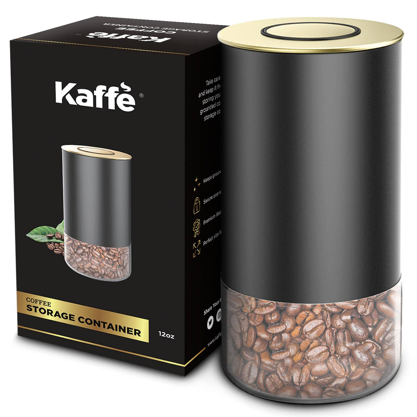 Kaffe Coffee Canister Storage Container Black/Gold Round 12oz